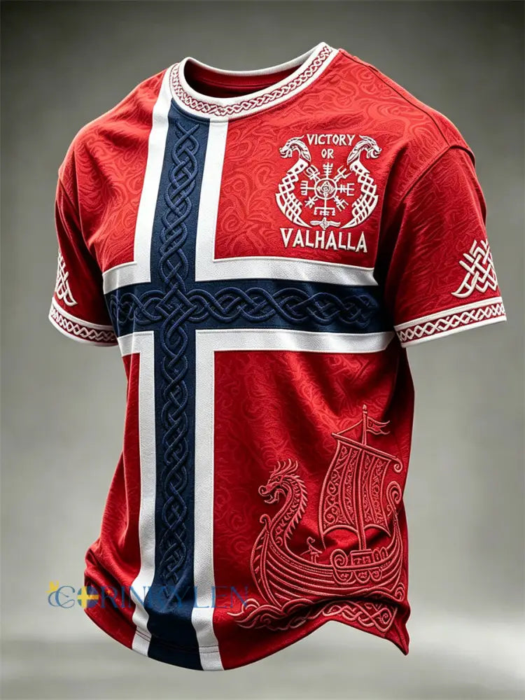 Herrens Norge Victory eller Valhalla Viking Ship Celtic Knot Flag Skriv ut korta ärmar t-shirt - röd / S