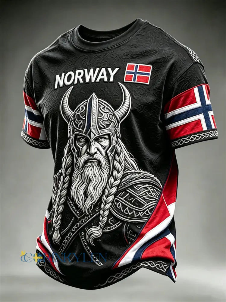 Herrens Norge Viking Krigare Celtic Knop Flag Färgblock Skriv ut korta ärmar t-shirt - röd / S