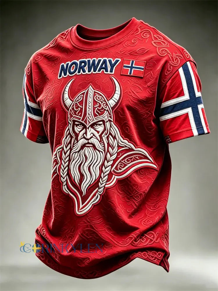 Herrens Norge Viking Krigare Celtic Knop Flag Skriv ut korta ärmar t-shirt - röd / S