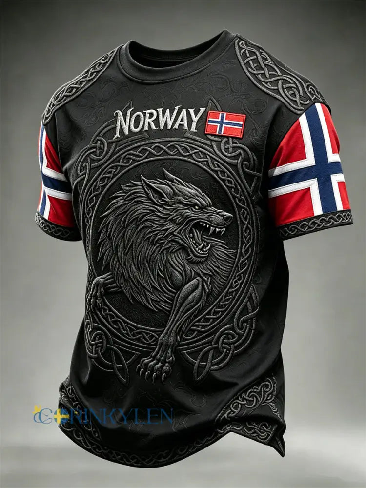 Herrens Norge Viking Wolf Fenrir Celtic Knop Flag Skriv ut korta ärmar t-shirt - svart / S