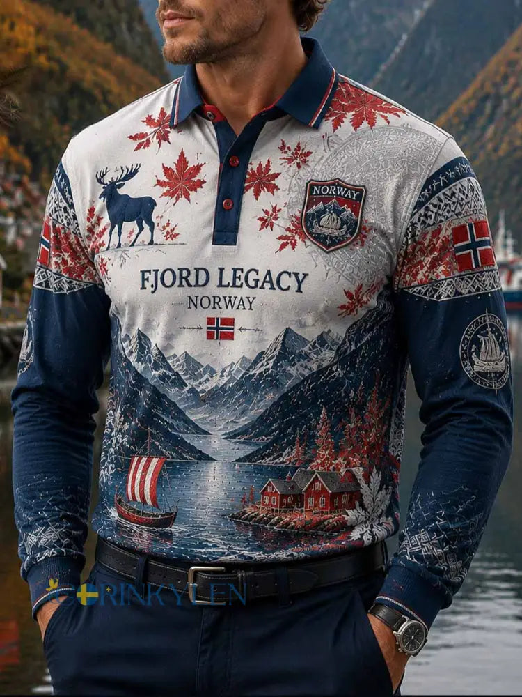 Herrens norska Fjord resemönster Print Polo tröja - som bild / S