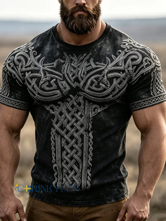 Herrens Retro Viking Celtic Knop mönster Tryckt Casual Short-Shirt - svart / S