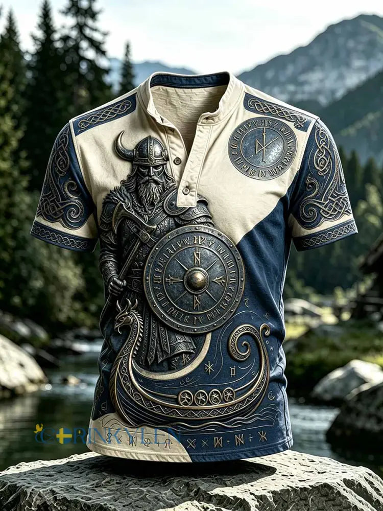 Herrens Retro Viking Print Casual Short-Shirt - som bild / S