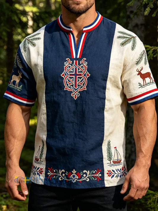 Herrens Retro Viking Totem Patchwork Casual T-shirt - som bild / S