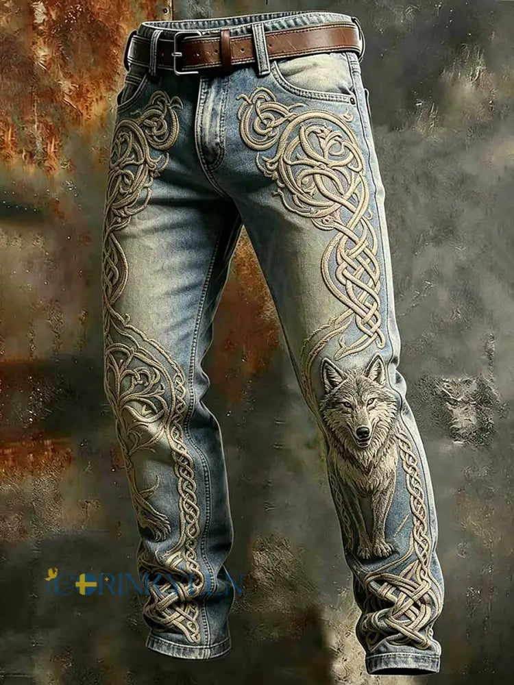 Herrens Retro Viking Wolf Print långa byxor - som bild / S