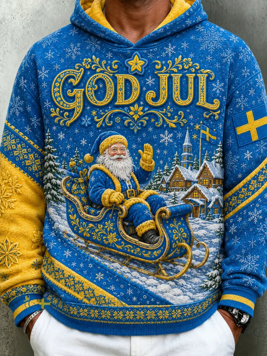 Herrens svenska jul Tryckt långärmade huvad - blå / S
