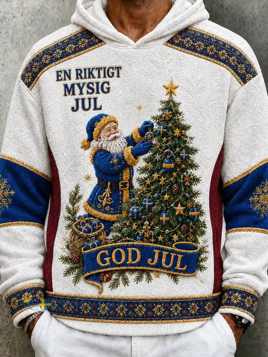 Herrens svenska jul Tryckt långärmade huvad - vitt / S