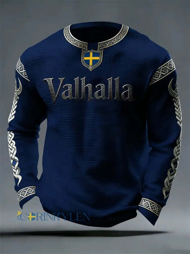 Herrens svenska Viking-stil Valhalla Våffle Topp - mörk blå / S