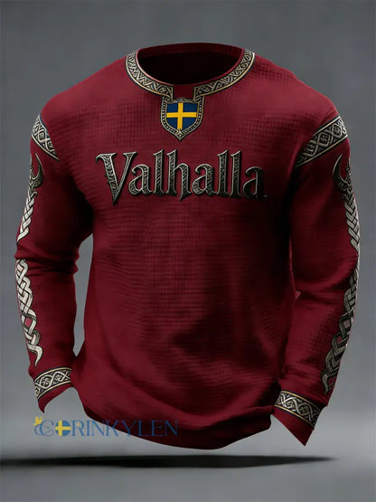 Herrens svenska Viking-stil Valhalla Våffle Topp - röd / S