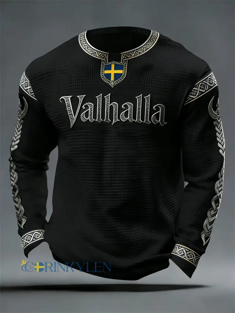 Herrens svenska Viking-stil Valhalla Våffle Topp - svart / S