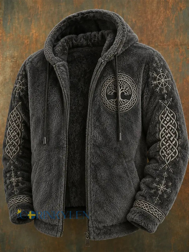 Herrens Viking stil avslappnad vinter varm flanell huvad rocka - mörk grå / S