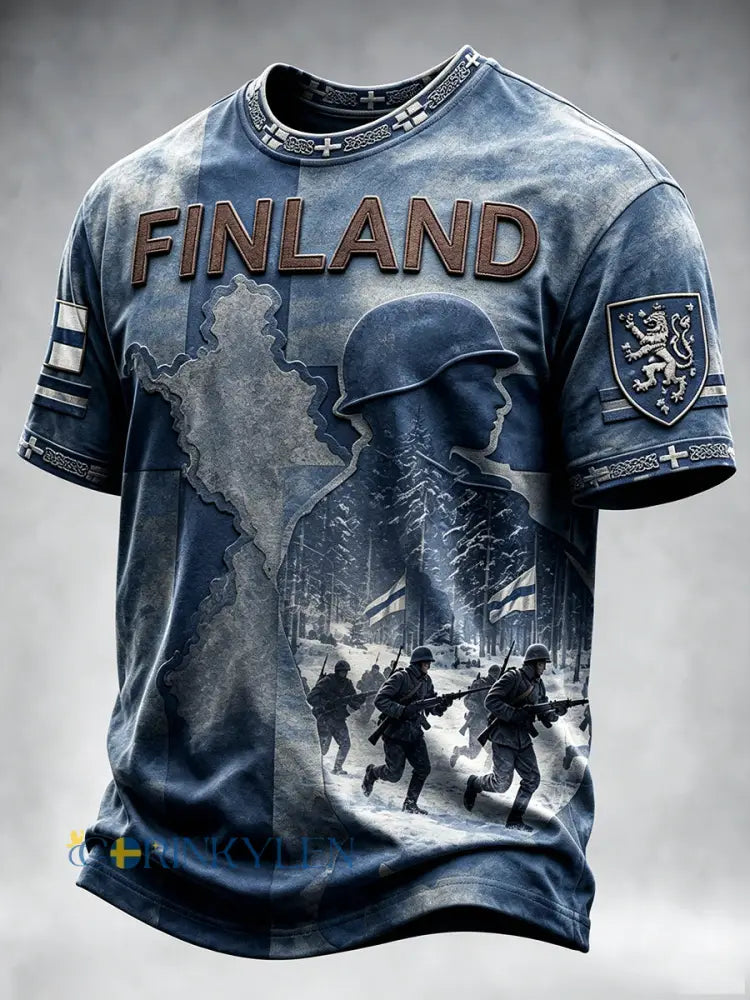 Herrens Vintage Dark Blue Finska militära tryck Casual T-shirt - blå / S