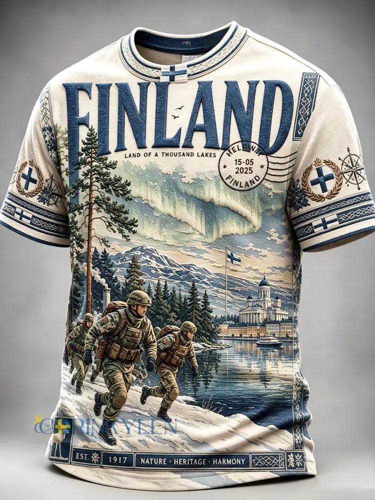 Herrens Vintage Finska militär Sisu Skriv ut Casual T-shirt - kränk-vitt / S