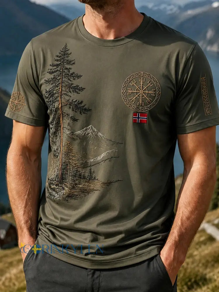 Herrens Vintage Norwegian Berg Print Casual Utomhus T-shirt - som bild / S