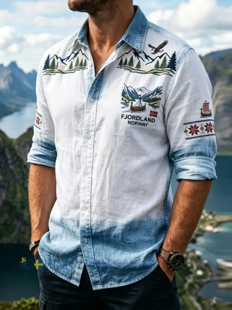 Herrens Vintage Norwegian Mountain Scenery Casual bomull-Linen skjorta - flerlog / S