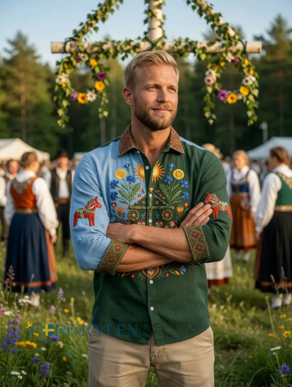 Herrer Retro Svensk Midsommar Folk Floral Bomull-Lin Langarmskjorter