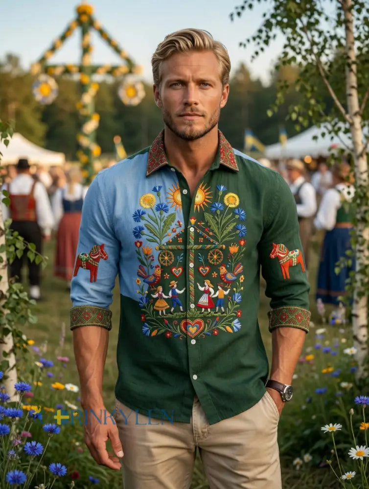 Herrer Retro Svensk Midsommar Folk Floral Bomull-Lin Langarmskjorter