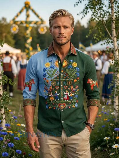 Herrer Retro Svensk Midsommar Folk Floral Bomull-Lin Langarmskjorter