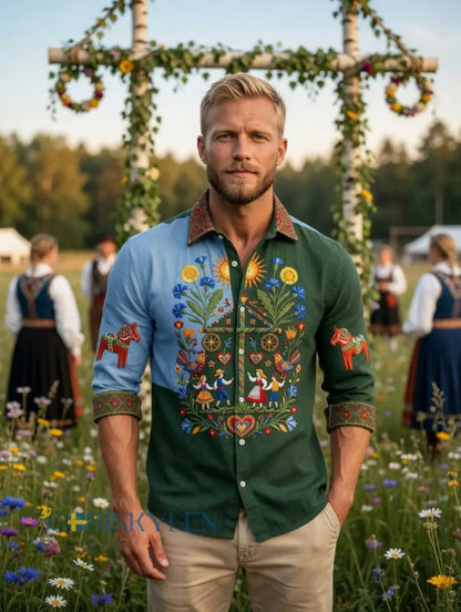 Herrer Retro Svensk Midsommar Folk Floral Bomull-Lin Langarmskjorter