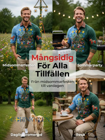 Herrer Retro Svensk Midsommar Folk Floral Bomull-Lin Langarmskjorter