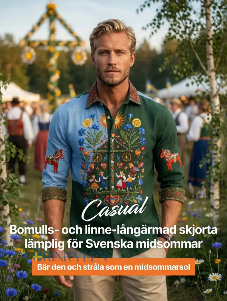 Herrer Retro Svensk Midsommar Folk Floral Bomull-Lin Langarmskjorter