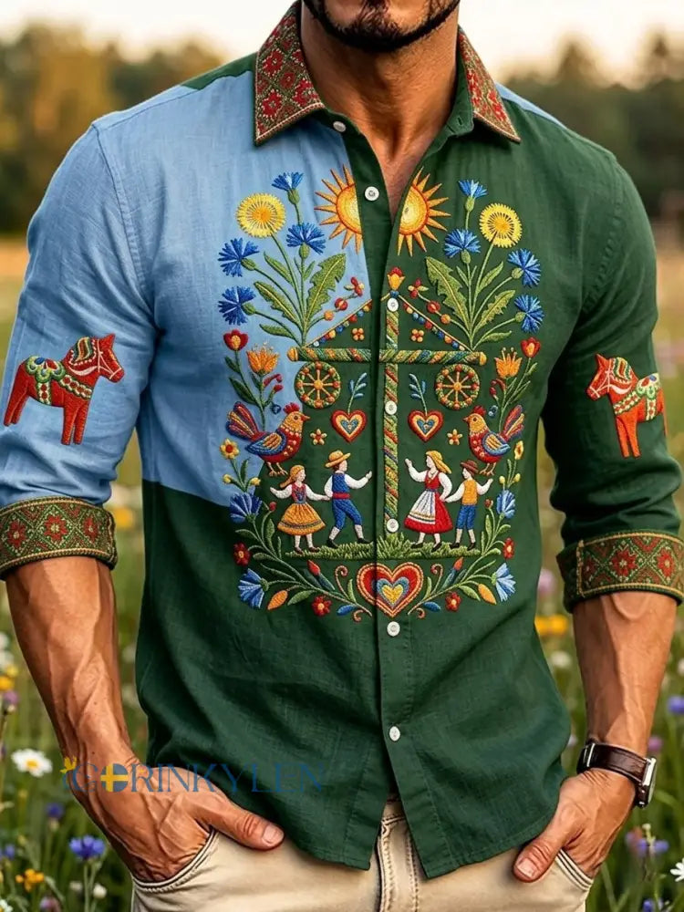 Herrer Retro Svensk Midsommar Folk Floral Bomull-Lin Langarmskjorter - grøn / S