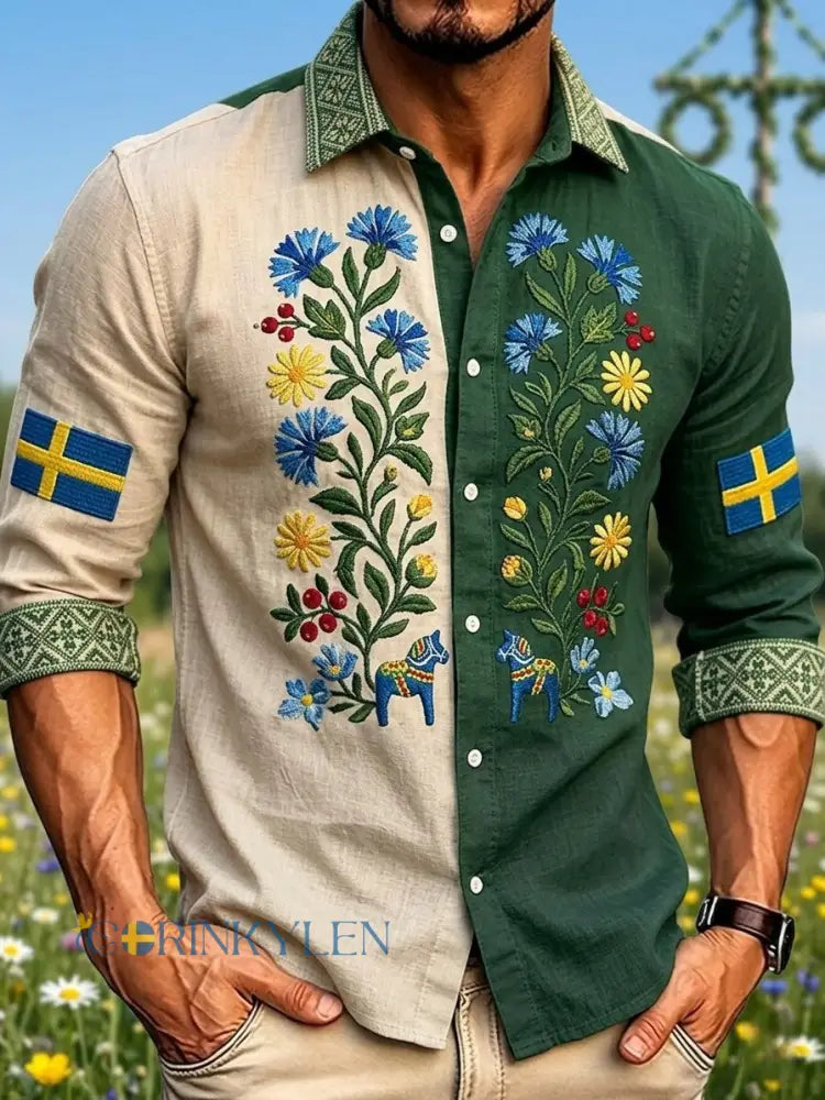 Herrer Retro Svensk Midsommar Folk Floral Bomull-Lin Langarmskjorter - grøn / S