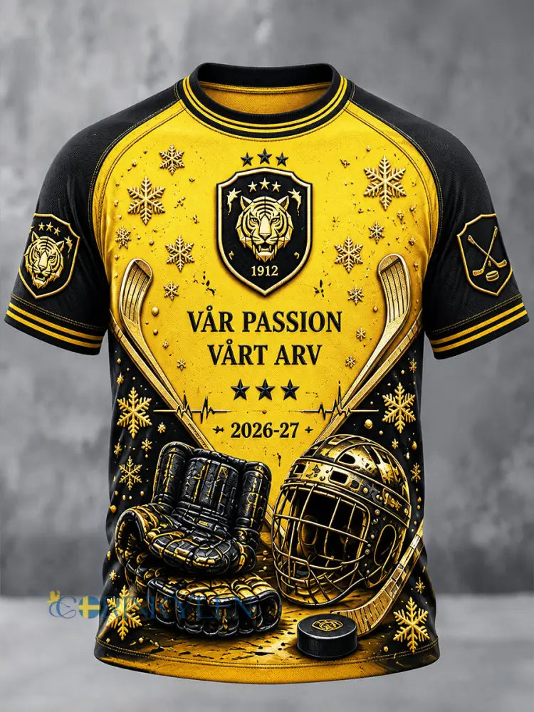 Herrgul Brynäs IF Swedish Hockey Patchwork Skriv ut Casual T-shirt - flerlog / S