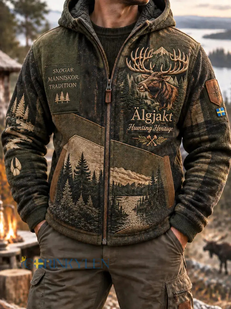 Herrjacka i vintagestil för höstsäsongen – älgmotiv skogsmönster fodrad med fleece - som bild / S