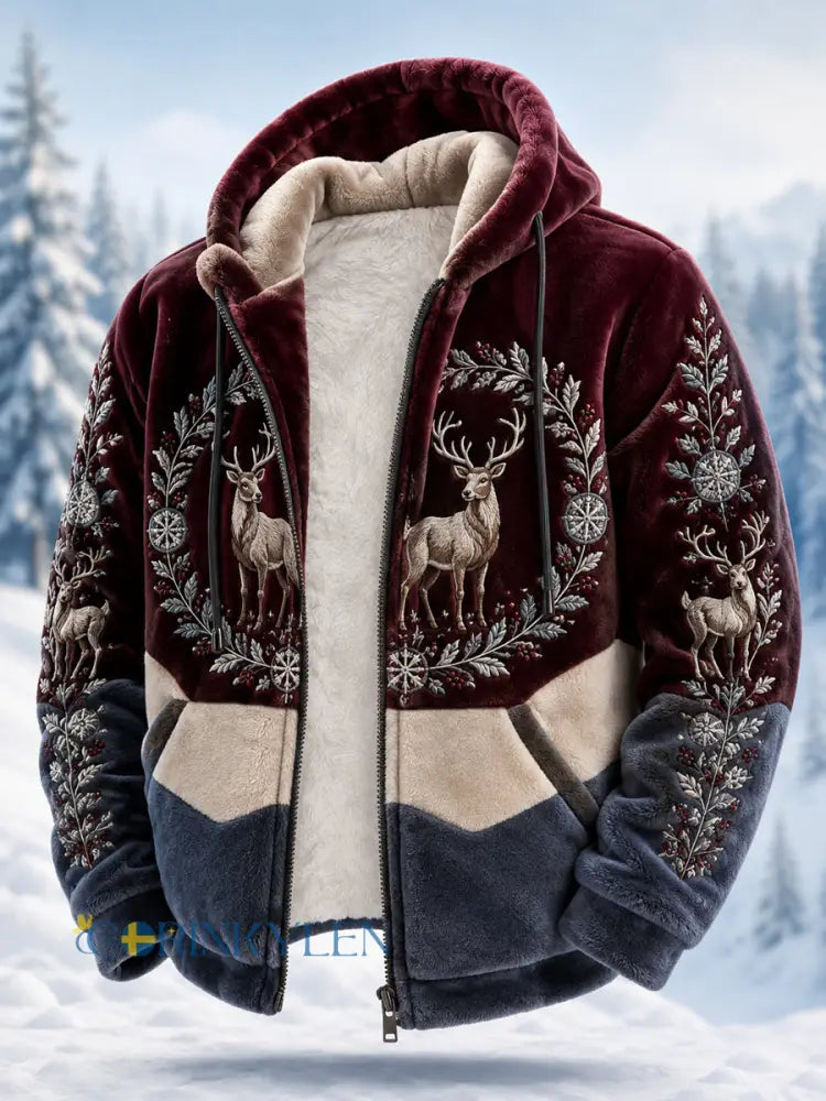 Herrkappa i nordisk stil med renmotiv plysch dragkedja och huva - vinröd / S