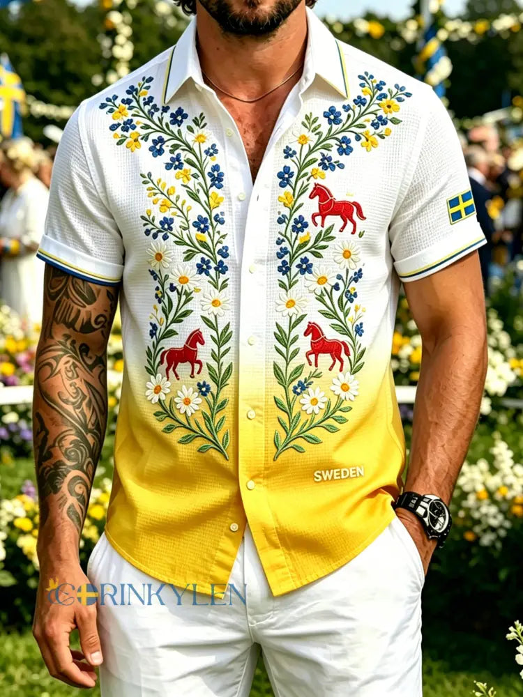 Herrkläder Midsommarfest Blommigt konsttryck Vafeltyg Tröja med korta ärmarna - A / S