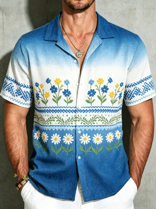 Herrkläder Midsommarfest Blommigt konsttryck Vafeltyg Tröja med korta ärmarna - A / S