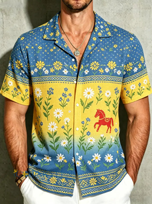 Herrkläder Midsommarfest Blommigt konsttryck Vafeltyg Tröja med korta ärmarna - A / S