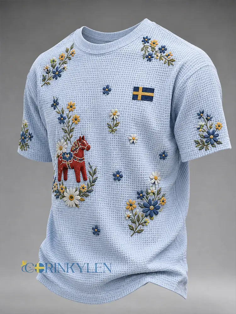 Herrkläder midsommarfest karusell blommig brodyrtryck våffelklänning kortärmad t-shirt - A / S