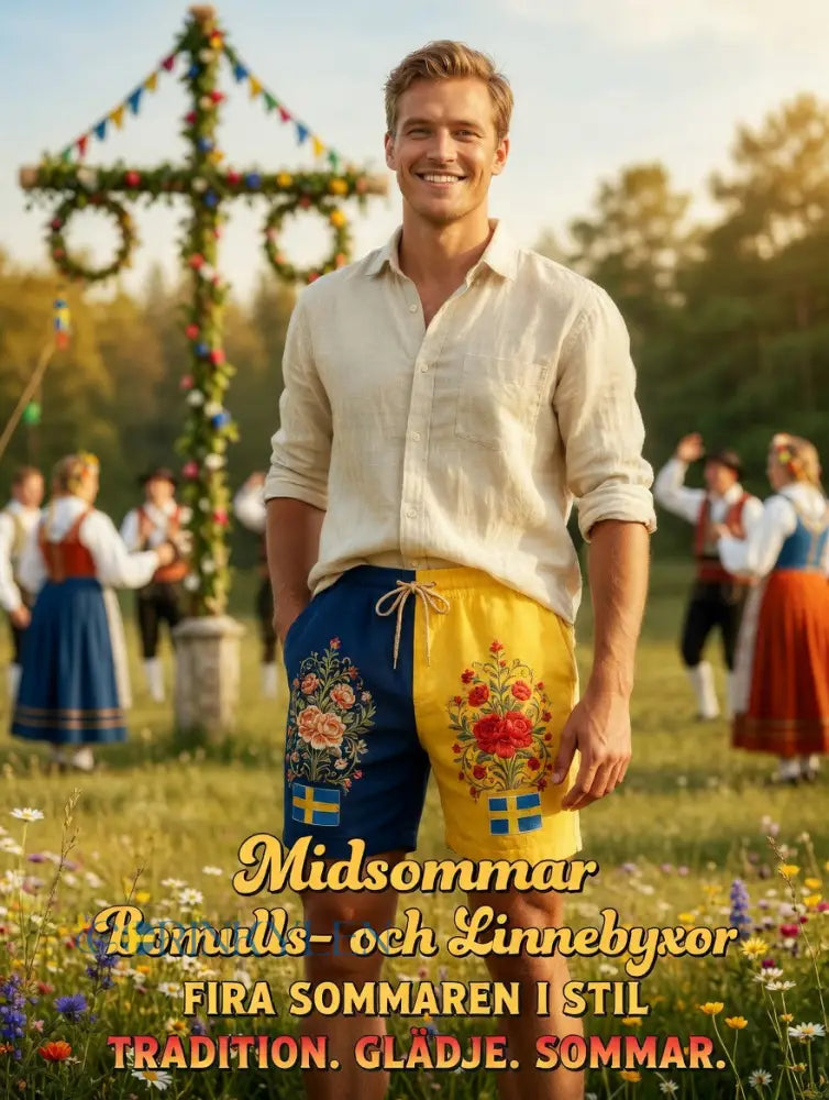 Herrkläder Retro Svenska Midsommar Folk Floral Bomull-Linne Korta Byxor