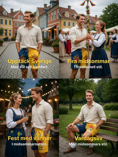Herrkläder Retro Svenska Midsommar Folk Floral Bomull-Linne Korta Byxor