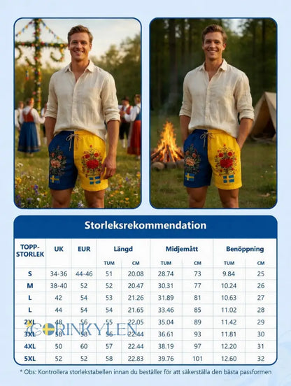 Herrkläder Retro Svenska Midsommar Folk Floral Bomull-Linne Korta Byxor