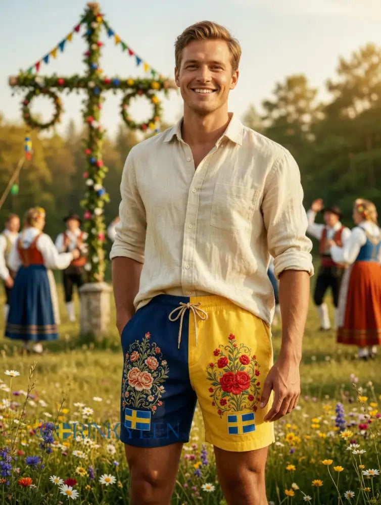 Herrkläder Retro Svenska Midsommar Folk Floral Bomull-Linne Korta Byxor