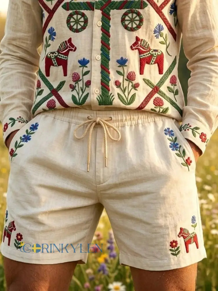 Herrkläder Retro Svenska Midsommar Folk Floral Bomull-Linne Korta Byxor - Aprikot / S