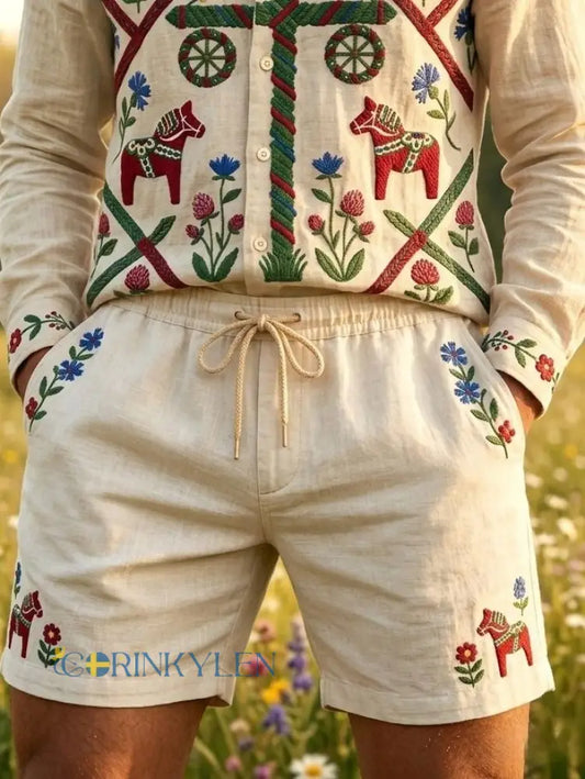 Herrkläder Retro Svenska Midsommar Folk Floral Bomull-Linne Korta Byxor - Aprikot / S