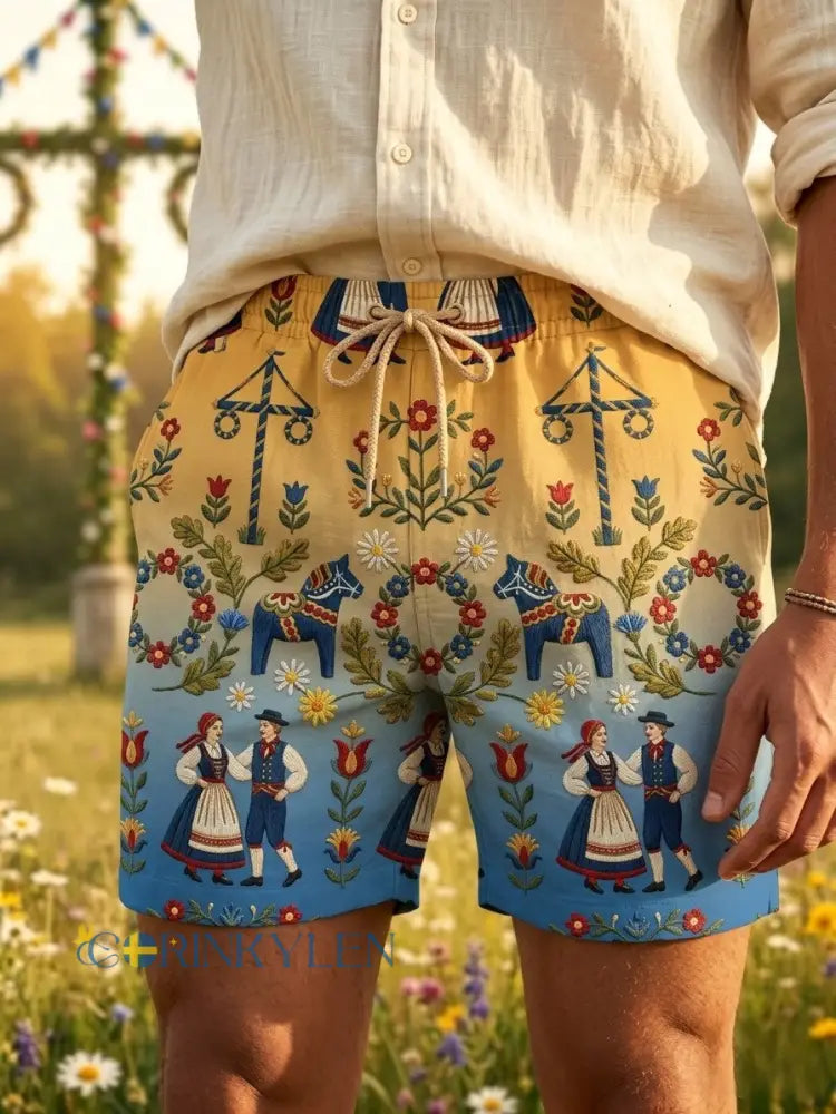 Herrkläder Retro Svenska Midsommar Folk Floral Bomull-Linne Korta Byxor - blå / S