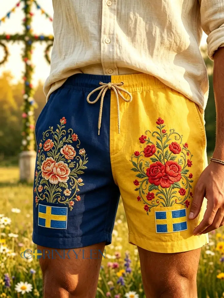 Herrkläder Retro Svenska Midsommar Folk Floral Bomull-Linne Korta Byxor - blå / S