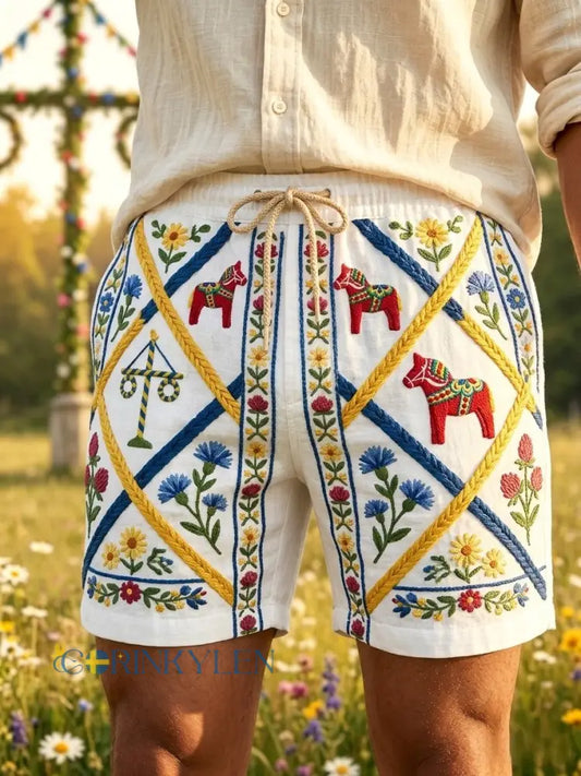 Herrkläder Retro Svenska Midsommar Folk Floral Bomull-Linne Korta Byxor - vitt / S