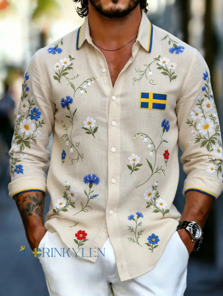 Herrkläder Svensk midsommarfest konsttryck långärmad tröja - A / S