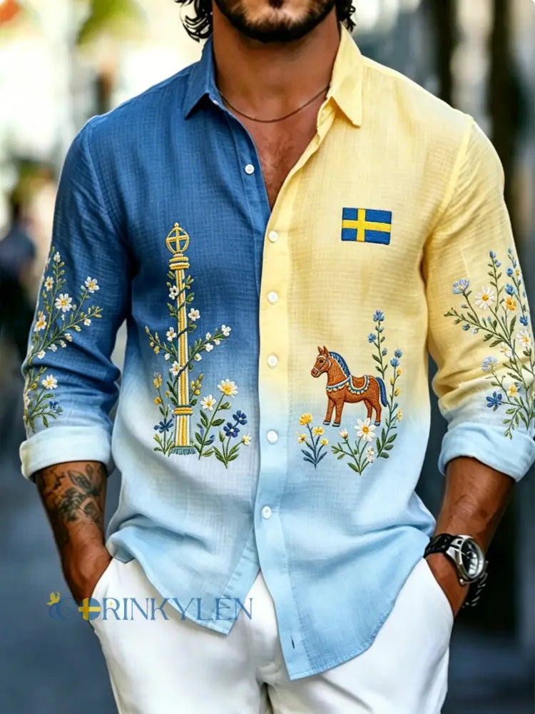 Herrkläder Svensk midsommarfest konsttryck långärmad tröja - A / S
