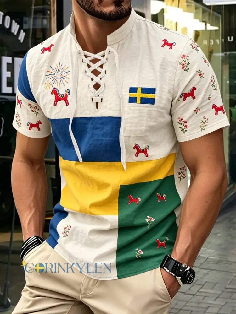 Herrkonsttryck på t-shirt med korta ärmar – Svensk midsommar - A / S