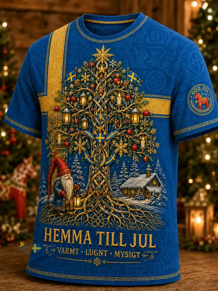 Herrlig jultröja i svensk stil med tryckt mönster vintagemode löst sittande och kort ärm - blå / S
