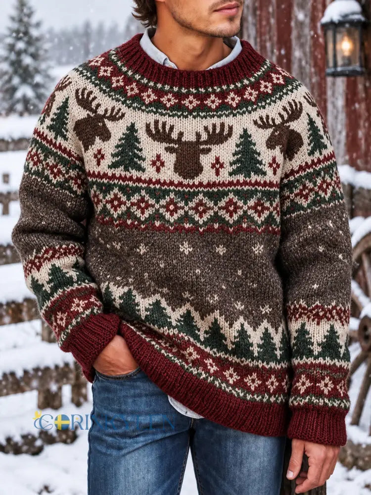 Herrlig nordisk stilälgmönstrad casual imitationströja - djupröd / S