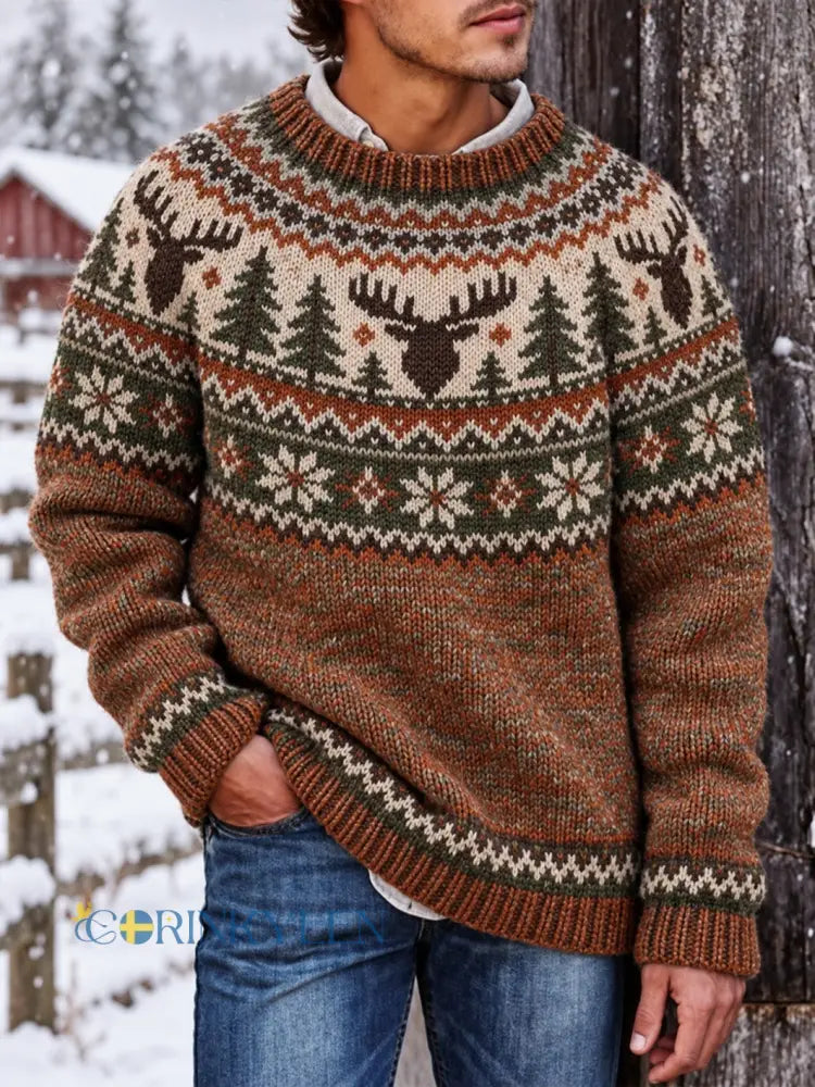 Herrlig nordisk stilälgmönstrad casual imitationströja - tegelröd / S