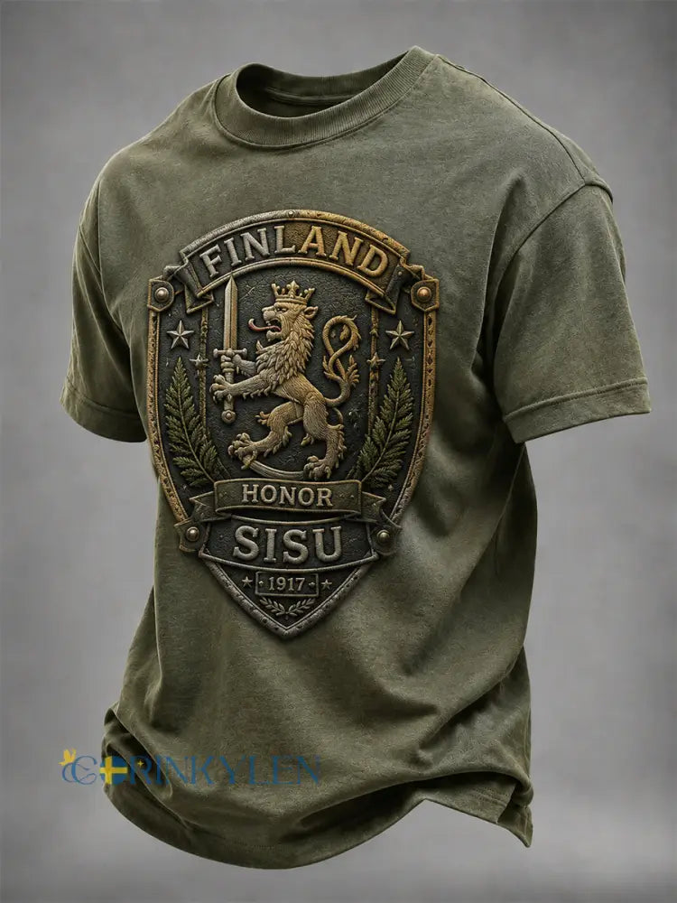 Herrlig retro finsk självständighetsdags-T-shirt med korta ärmar - olivgrön / S